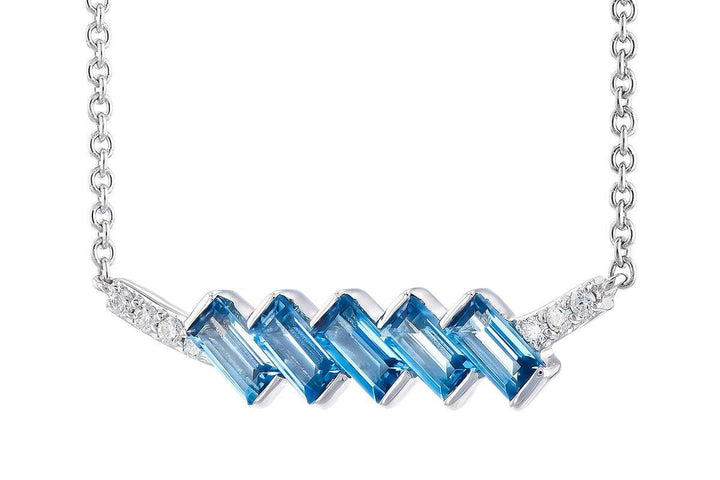NECKLACES - 14K White Gold .75ct Emerald Cut London Blue Topaz & Diamond Diagonal Bar Necklace