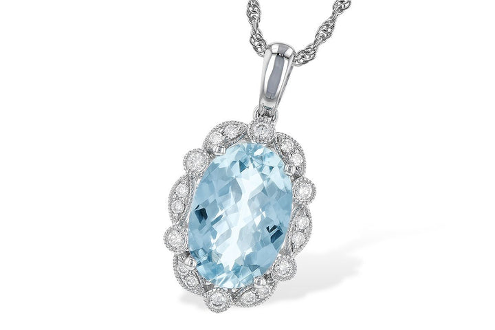 14K White Gold Aquamarine and Diamond Halo Necklace