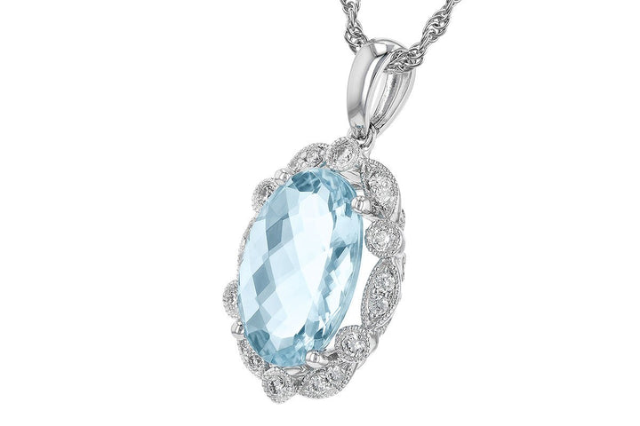 14K White Gold Aquamarine and Diamond Halo Necklace