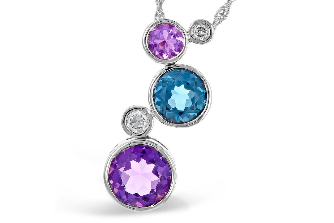 Blue Topaz, Amethyst Diamond Bubble Necklace 14K White Gold