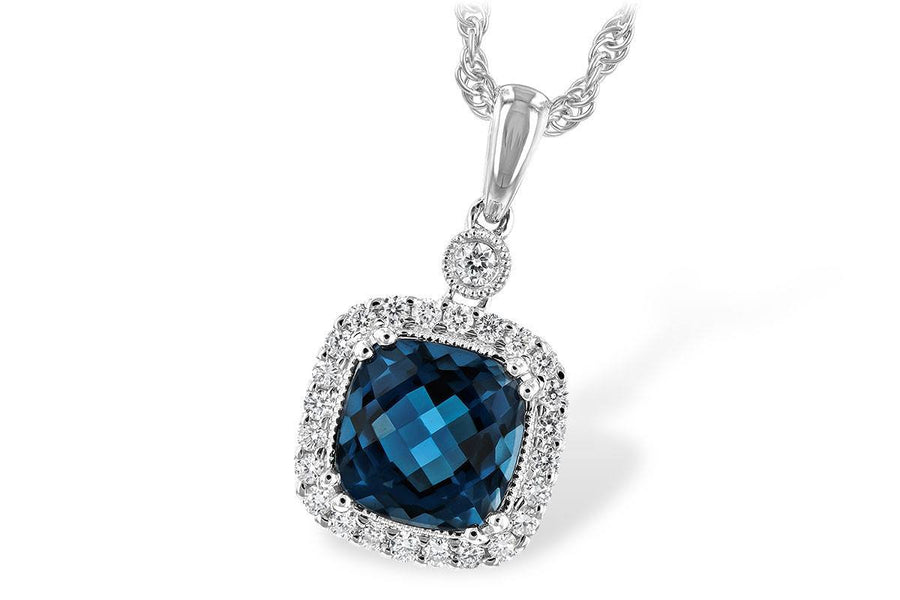 NECKLACES - 14K White Gold Cushion Cut London Blue Topaz And Diamond Halo Necklace