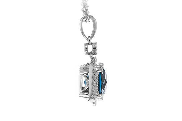 NECKLACES - 14K White Gold Cushion Cut London Blue Topaz And Diamond Halo Necklace