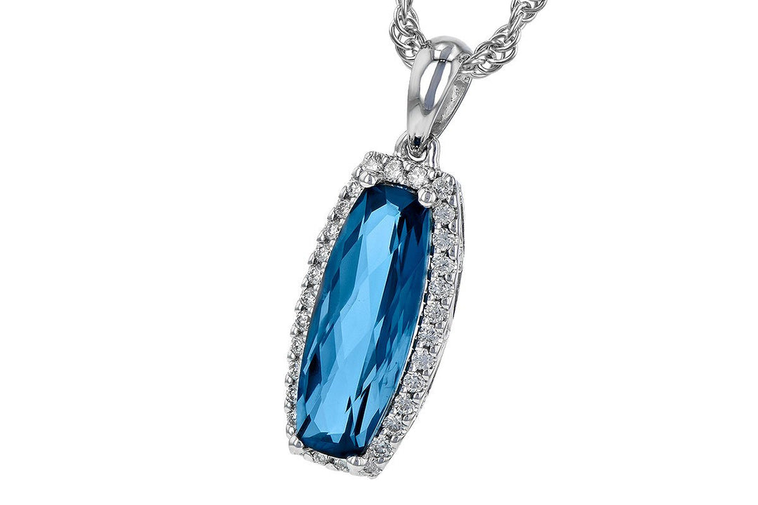 Long Cushion Shaped Topaz Diamond Halo Necklace 14K White Gold