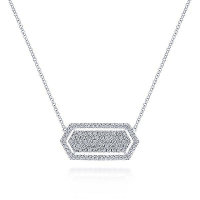 NECKLACES - 14K White Gold Long Hexagonal Cluster Diamond Halo Bar Necklace