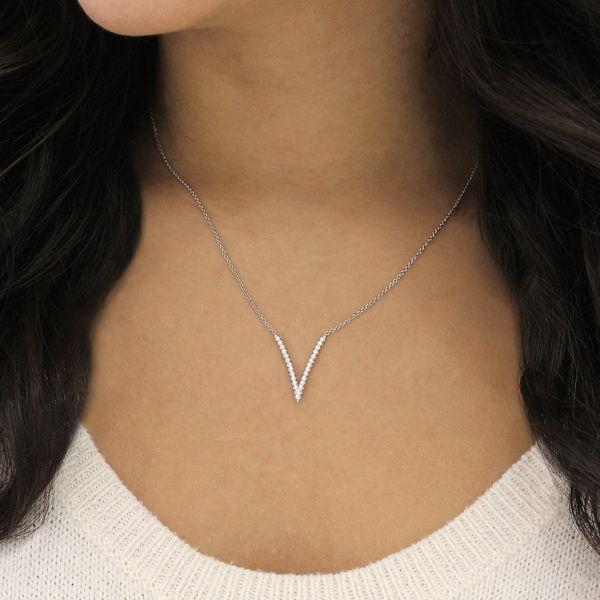 NECKLACES - 14K White Gold Long V Pave Diamond Necklace