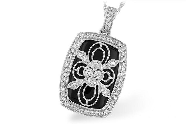 Filigree Onyx Diamond Necklace 14K White Gold