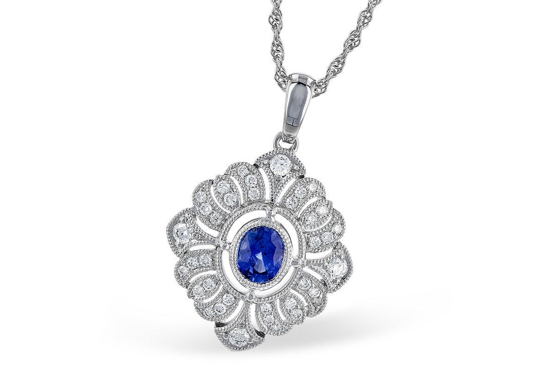 14K White Gold Filigree Blue Sapphire and Diamond Necklace