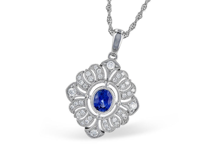 14K White Gold Filigree Blue Sapphire and Diamond Necklace