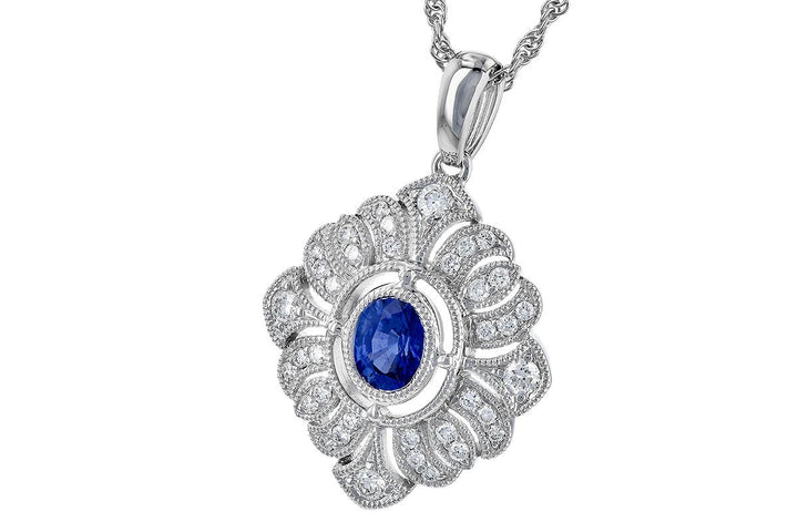 14K White Gold Filigree Blue Sapphire and Diamond Necklace