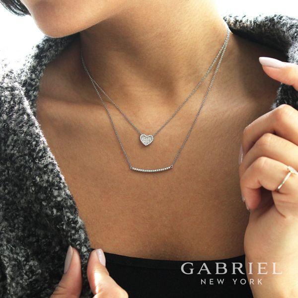 14K White Gold Curved .18cttw Diamond Bar Necklace with Pave Set Diamonds