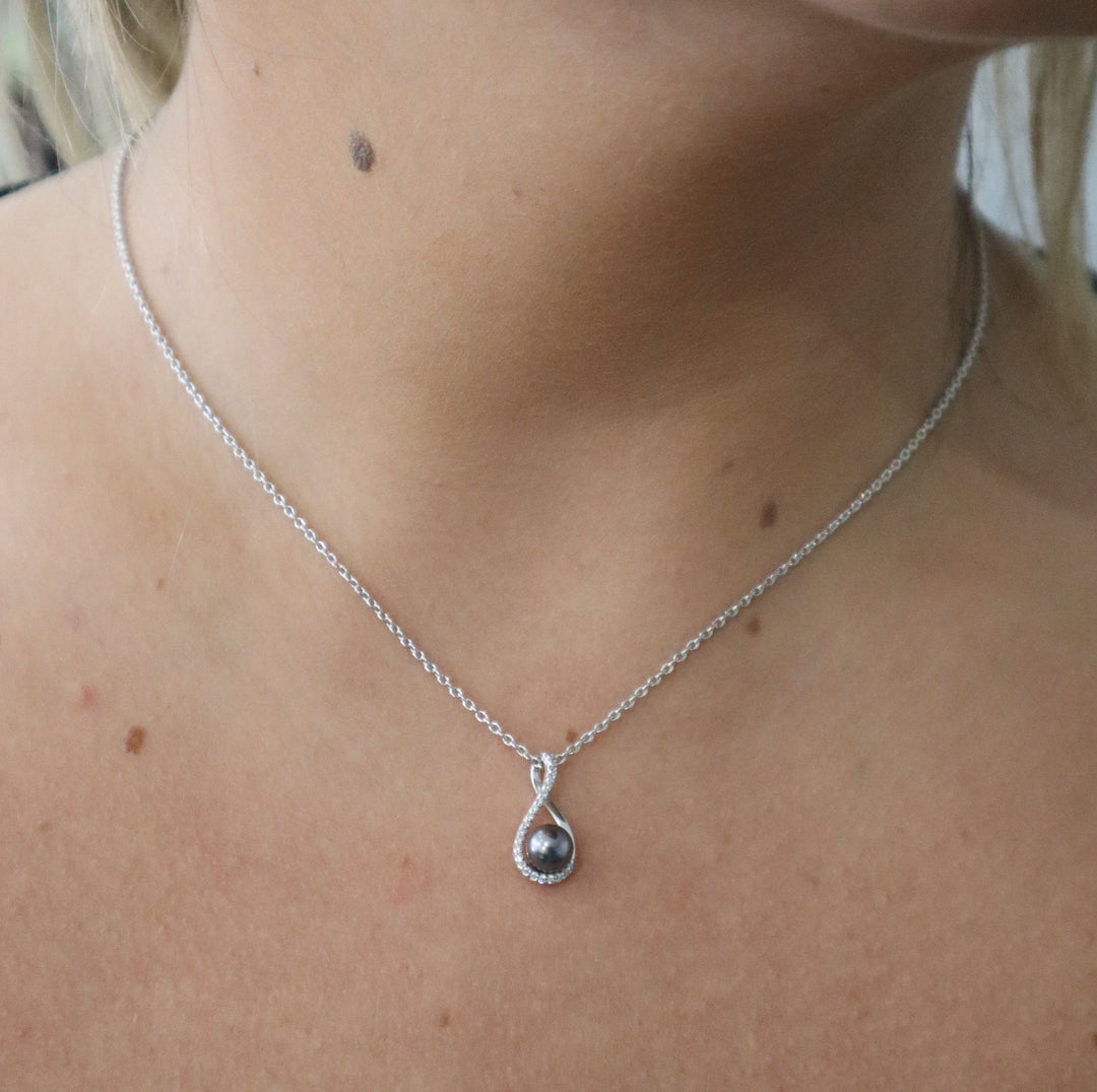 NECKLACES - Sterling Silver And Gray Freshwater Pearl Infinity Necklace With CZ Accents