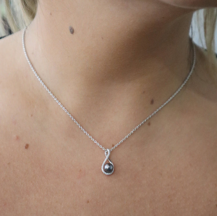 NECKLACES - Sterling Silver And Gray Freshwater Pearl Infinity Necklace With CZ Accents