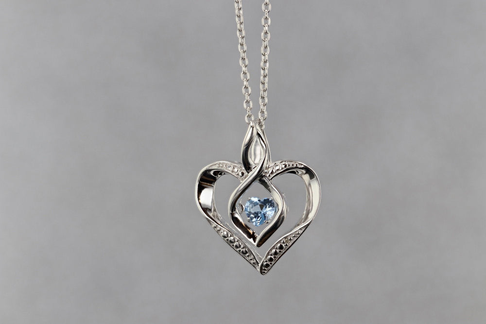 NECKLACES - Sterling Silver Created Aquamarine And Diamond Heart Shaped Necklace