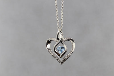 NECKLACES - Sterling Silver Created Aquamarine And Diamond Heart Shaped Necklace
