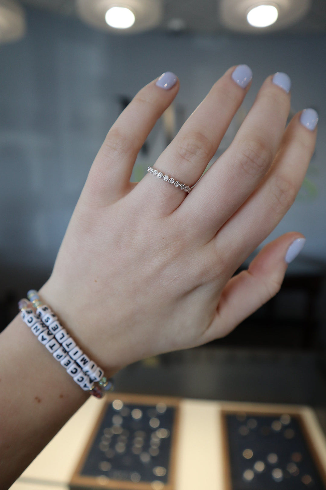 RINGS - 10K White Gold .12cttw Bead Set Round Station Diamond Stackable Ring