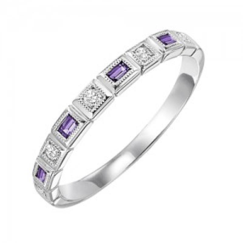 RINGS - 10k White Gold Diamond And Emerald Cut Amethyst Birthstone Ring