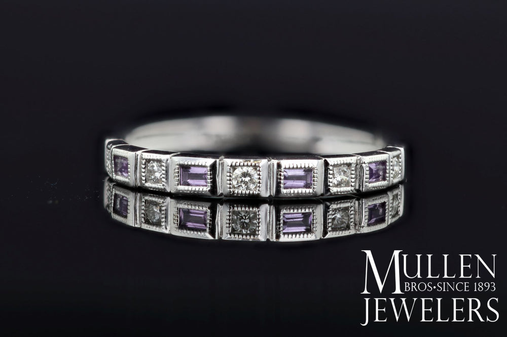 RINGS - 10k White Gold Diamond And Emerald Cut Amethyst Birthstone Ring