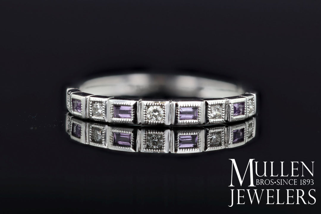 RINGS - 10k White Gold Diamond And Emerald Cut Amethyst Birthstone Ring