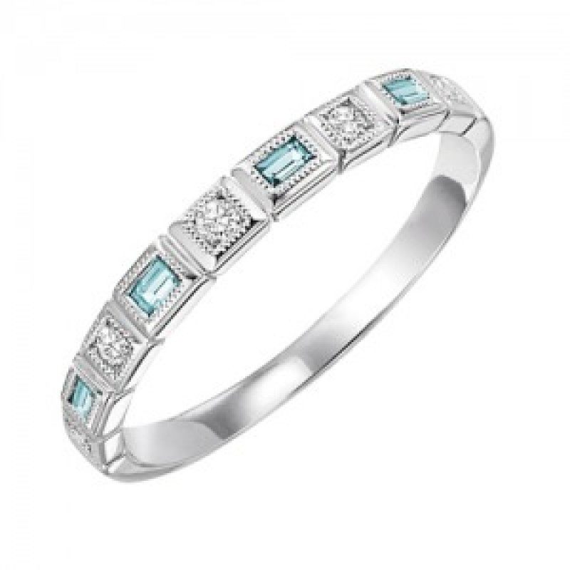 RINGS - 10k White Gold Diamond And Emerald Cut Blue Topaz Birthstone Ring