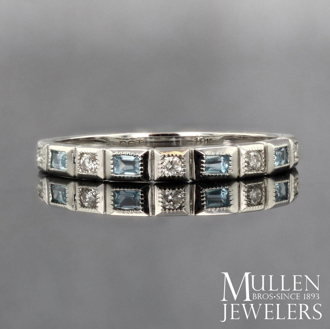 RINGS - 10k White Gold Diamond And Emerald Cut Blue Topaz Birthstone Ring