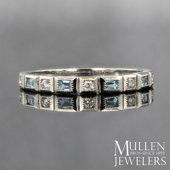 RINGS - 10k White Gold Diamond And Emerald Cut Blue Topaz Birthstone Ring