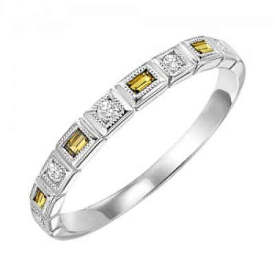 RINGS - 10k White Gold Diamond And Emerald Cut Citrine Birthstone Ring