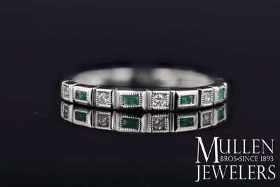 RINGS - 10k White Gold Diamond And Emerald Cut Emerald Birthstone Ring