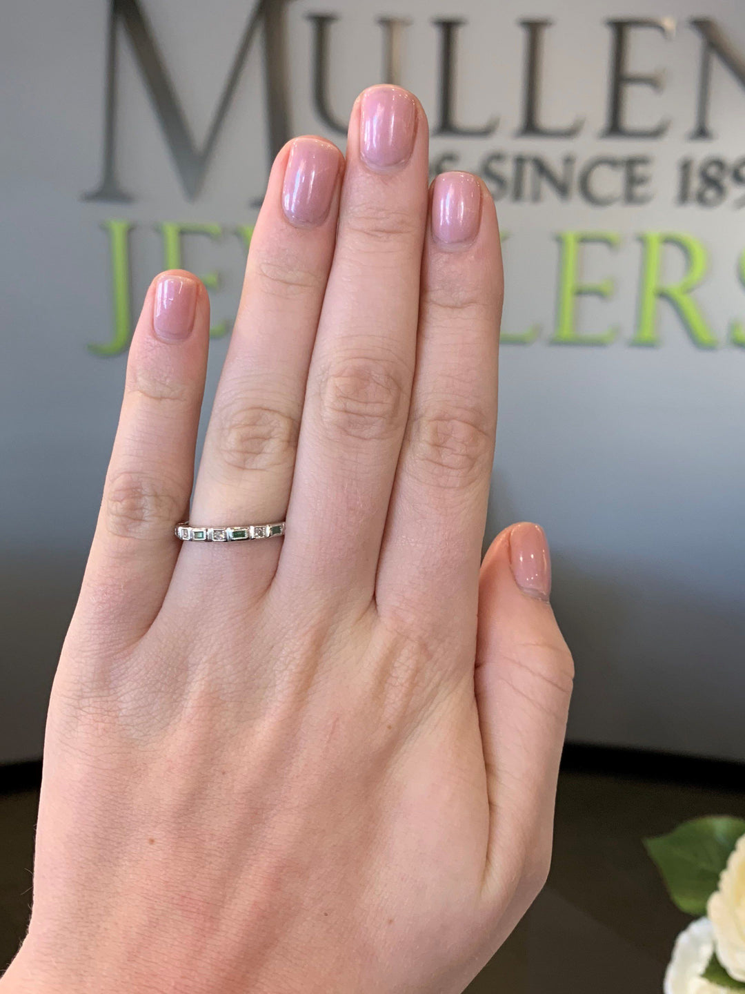 RINGS - 10k White Gold Diamond And Emerald Cut Emerald Birthstone Ring