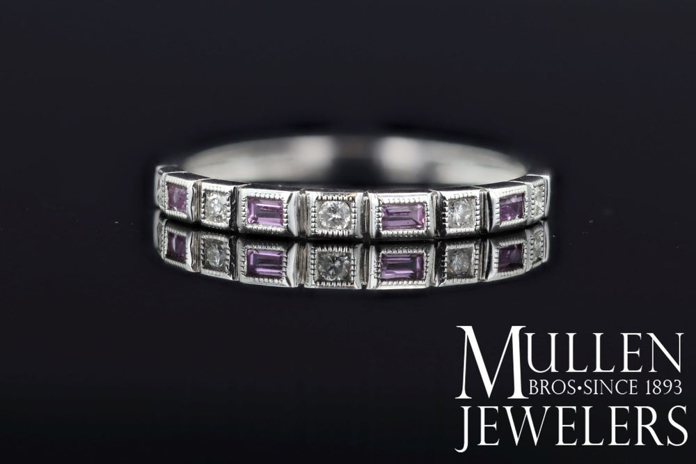 RINGS - 10k White Gold Diamond And Emerald Cut Pink Tourmaline Birthstone Ring