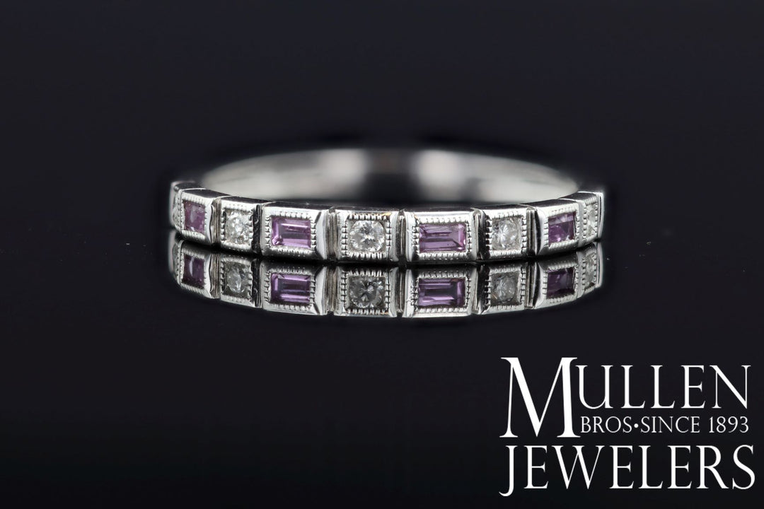 RINGS - 10k White Gold Diamond And Emerald Cut Pink Tourmaline Birthstone Ring