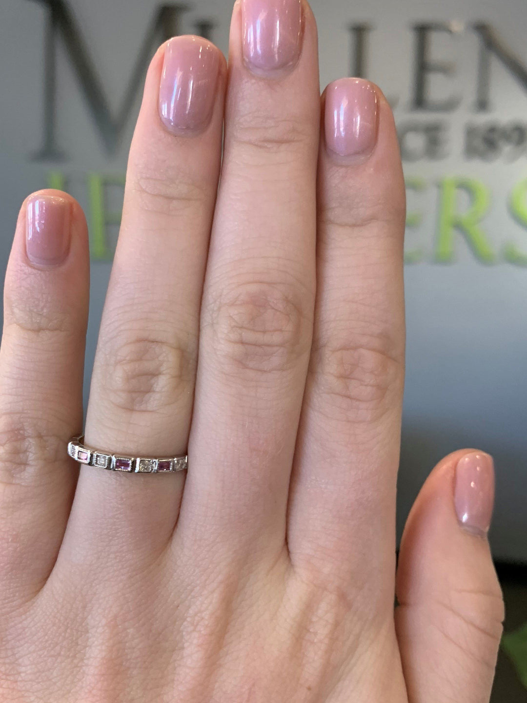 RINGS - 10k White Gold Diamond And Emerald Cut Pink Tourmaline Birthstone Ring