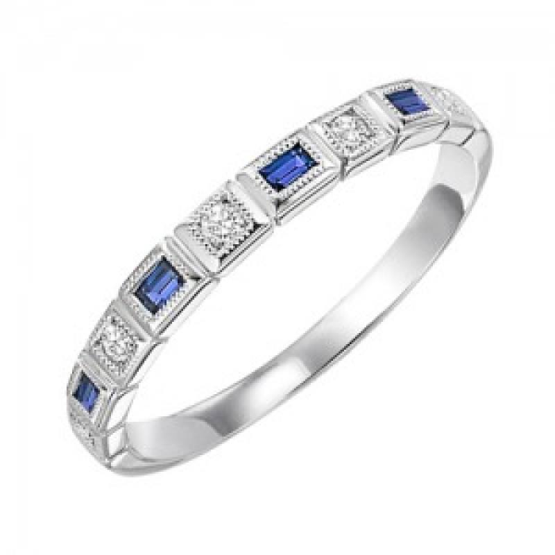 RINGS - 10k White Gold Diamond And Emerald Cut Sapphire Birthstone Ring