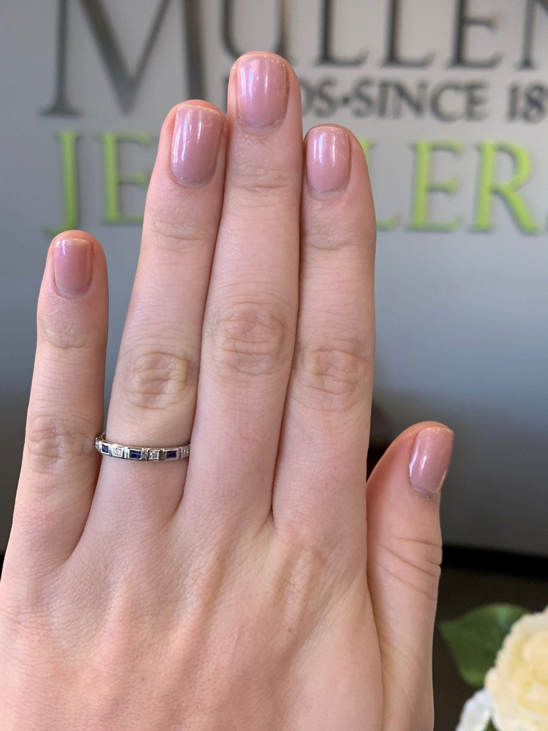 RINGS - 10k White Gold Diamond And Emerald Cut Sapphire Birthstone Ring