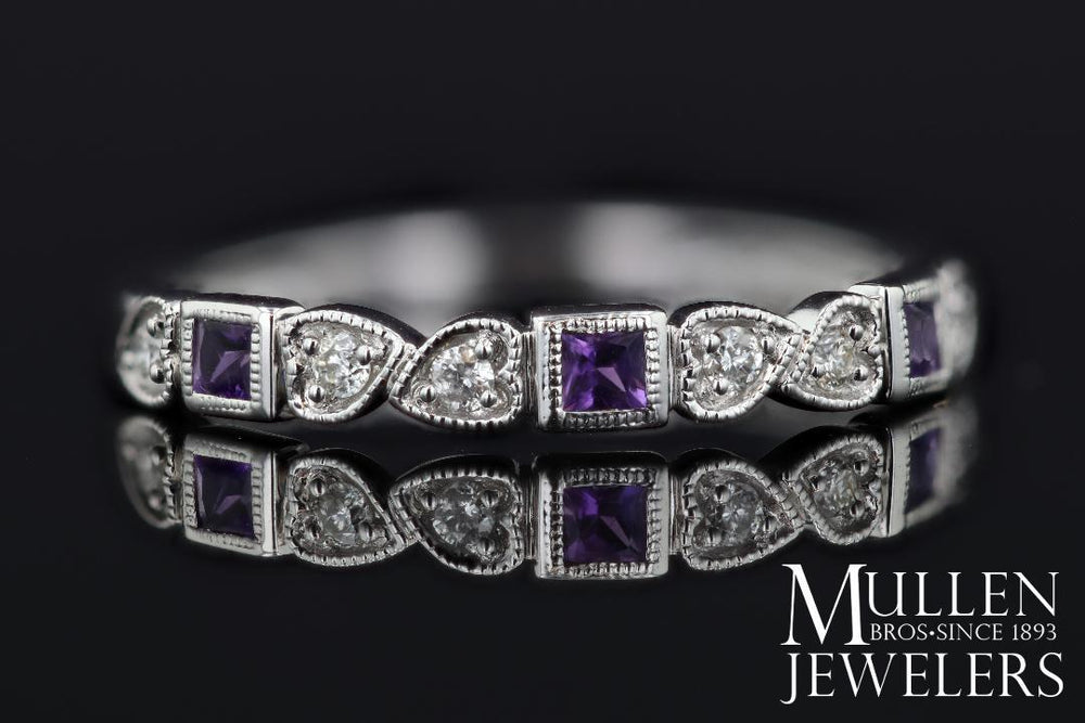 RINGS - 10k White Gold Diamond And Square Amethyst Birthstone Ring