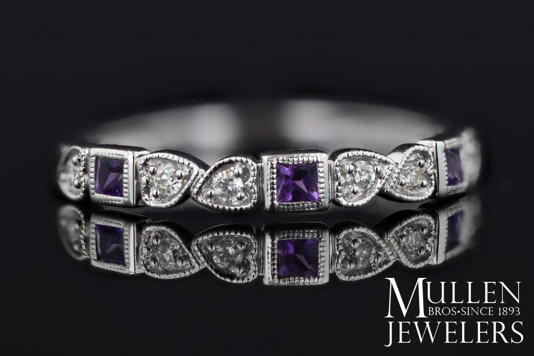 RINGS - 10k White Gold Diamond And Square Amethyst Birthstone Ring