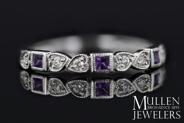 RINGS - 10k White Gold Diamond And Square Amethyst Birthstone Ring