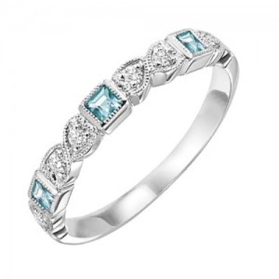 RINGS - 10k White Gold Diamond And Square Aquamarine Birthstone Ring