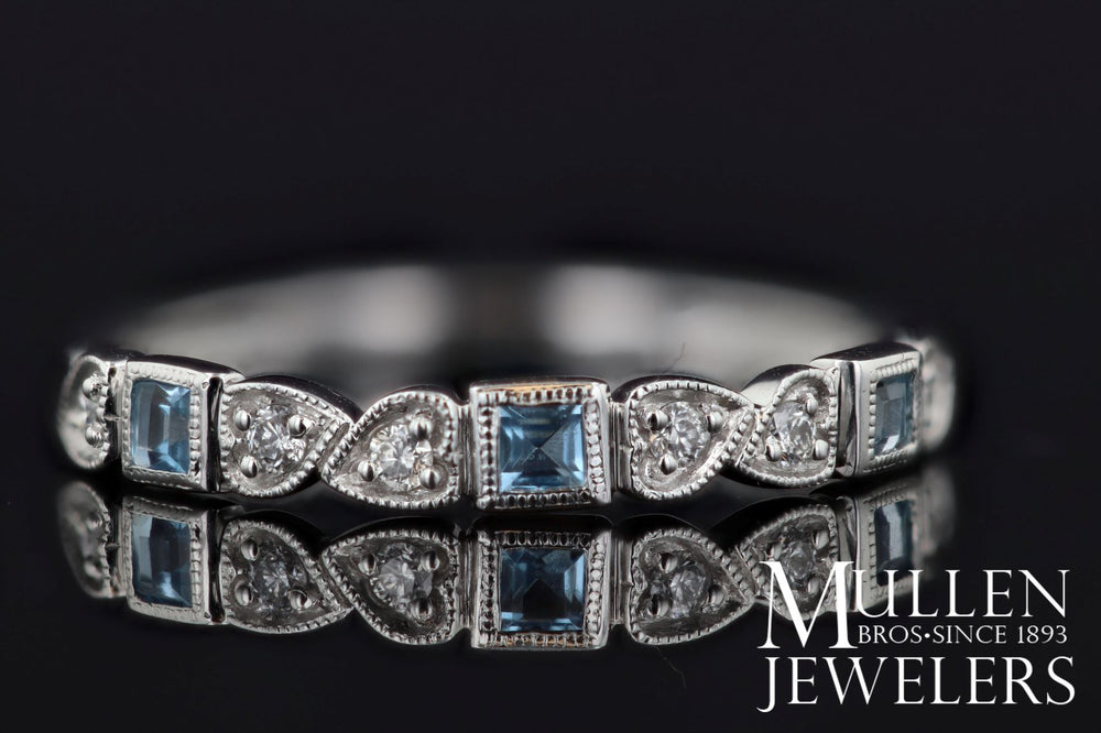 RINGS - 10k White Gold Diamond And Square Aquamarine Birthstone Ring