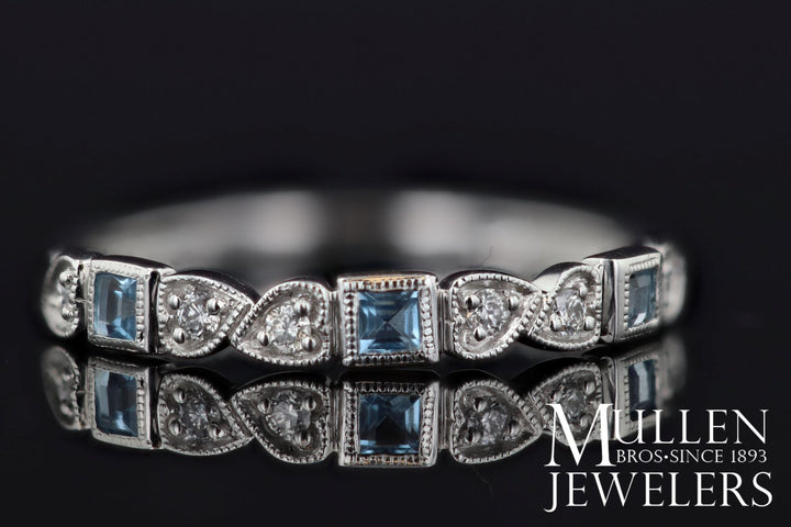 RINGS - 10k White Gold Diamond And Square Aquamarine Birthstone Ring