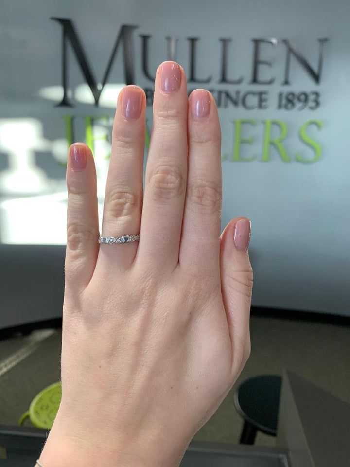 RINGS - 10k White Gold Diamond And Square Aquamarine Birthstone Ring