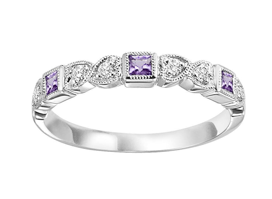 RINGS - 10k White Gold Diamond And Square Created Alexandrite Channel Set Birthstone Ring