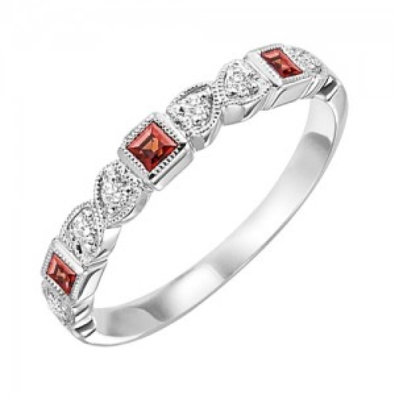 RINGS - 10k White Gold Diamond And Square Garnet Birthstone Ring
