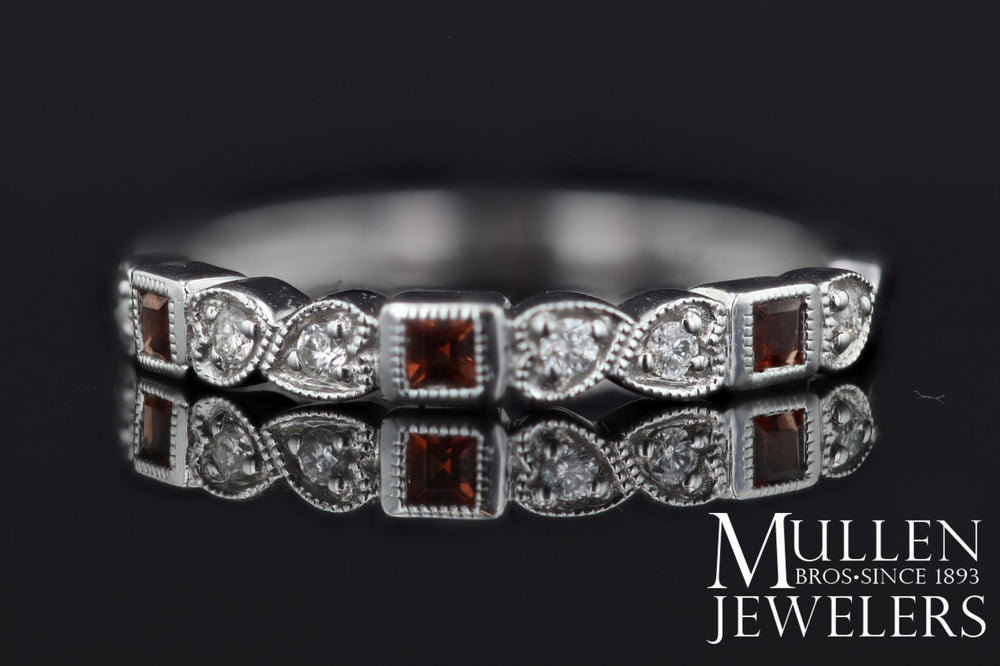 RINGS - 10k White Gold Diamond And Square Garnet Birthstone Ring