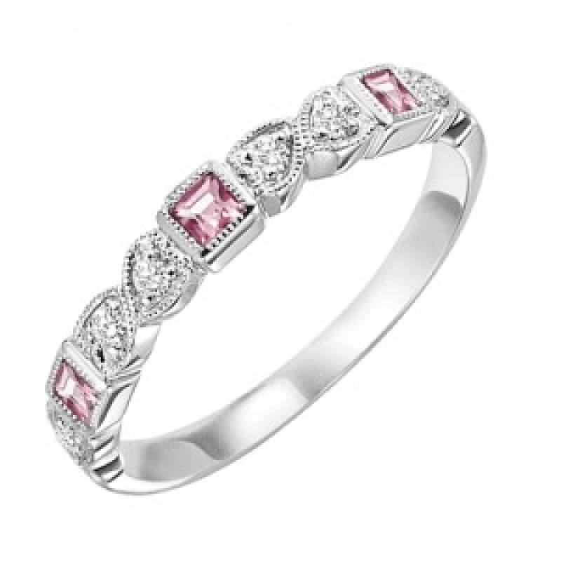 RINGS - 10k White Gold Diamond And Square Pink Tourmaline Birthstone Ring