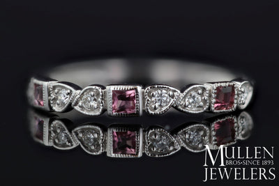 RINGS - 10k White Gold Diamond And Square Pink Tourmaline Birthstone Ring
