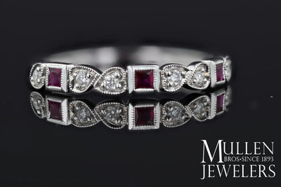 RINGS - 10k White Gold Diamond And Square Ruby Birthstone Ring