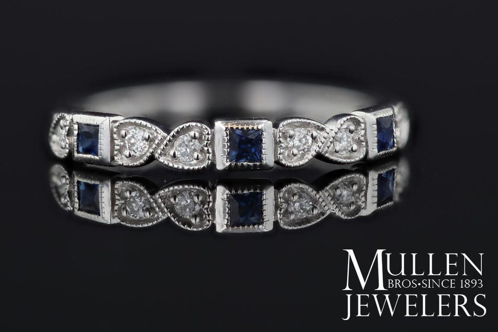 RINGS - 10k White Gold Diamond And Square Sapphire Birthstone Ring
