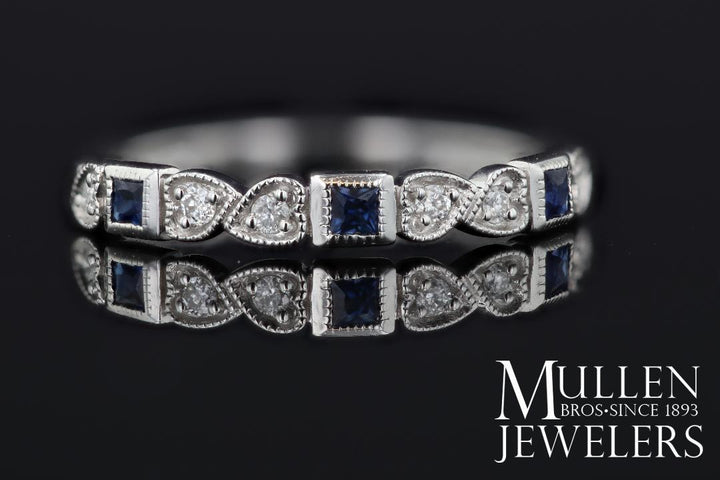 RINGS - 10k White Gold Diamond And Square Sapphire Birthstone Ring