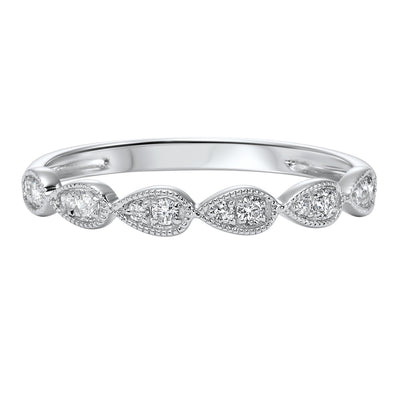 RINGS - 10K White Gold Pear Shaped Station Round Diamond Stackable Ring