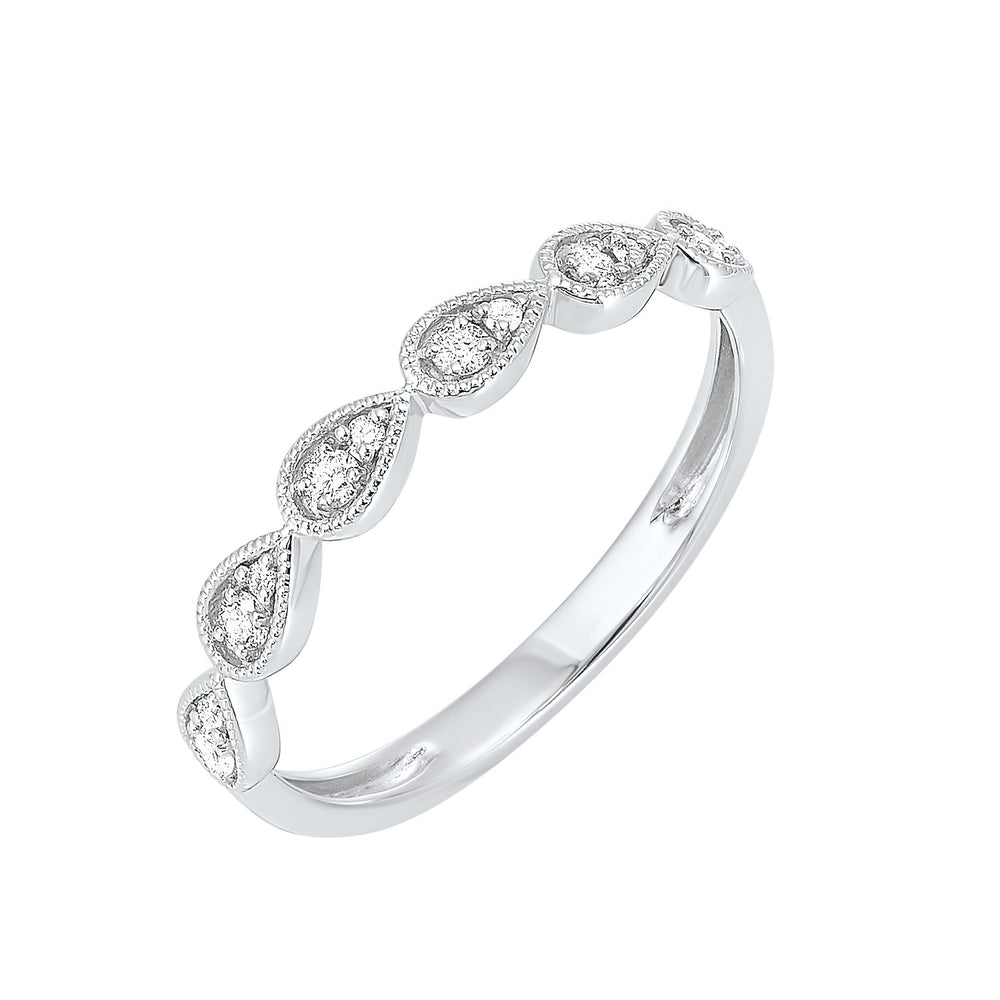 RINGS - 10K White Gold Pear Shaped Station Round Diamond Stackable Ring